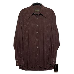 VTG SAXIFON Metallic Silver Polka Dot Print Brown Button Long Sleeve Top M NWT